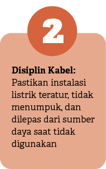 2,Disiplin Kabel: Pastikan instalasi listrik teratur, tidak menumpuk, dan dilepas dari sumber daya saat tidak digunaka
