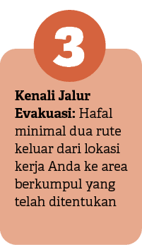3,Kenali Jalur Evakuasi: Hafal minimal dua rute keluar dari lokasi kerja Anda ke area berkumpul yang telah ditentukan