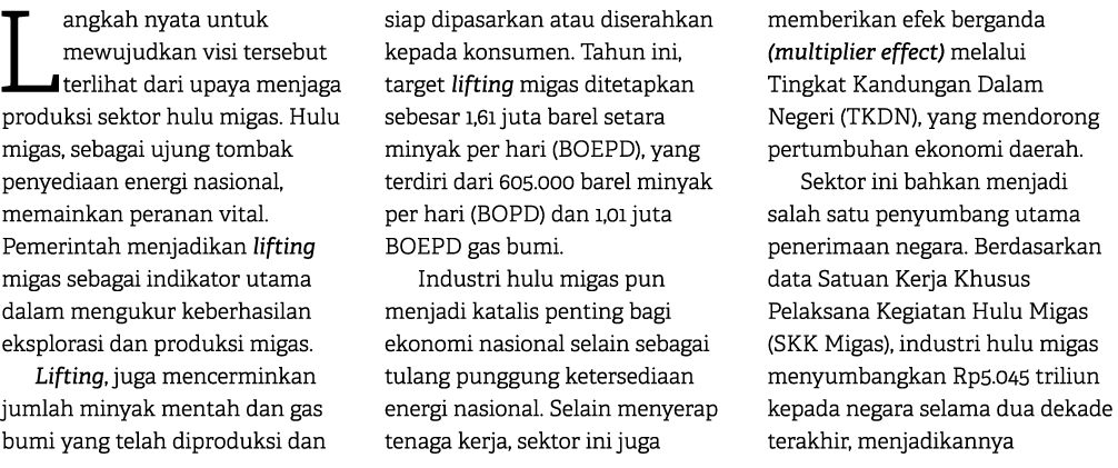 Langkah nyata untuk mewujudkan visi tersebut terlihat dari upaya menjaga produksi sektor hulu migas. Hulu migas, seba...
