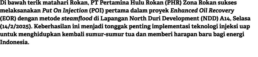 Di bawah terik matahari Rokan, PT Pertamina Hulu Rokan (PHR) Zona Rokan sukses melaksanakan Put On Injection (POI) pe...