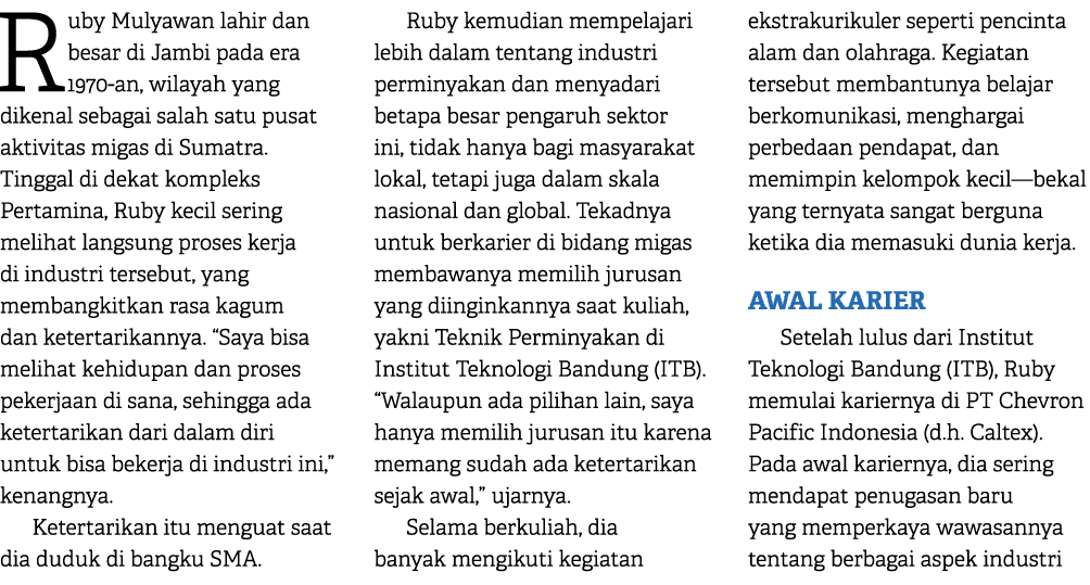 Ruby Mulyawan lahir dan besar di Jambi pada era 1970 an, wilayah yang dikenal sebagai salah satu pusat aktivitas miga...