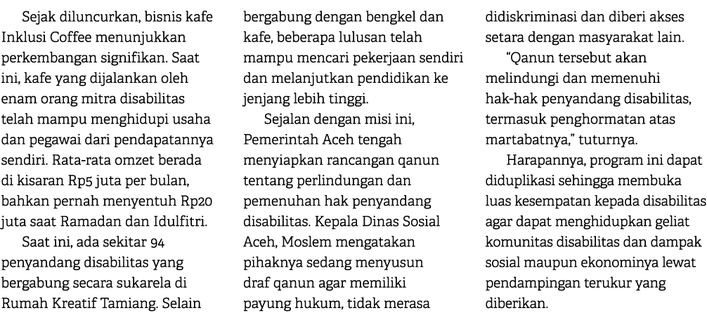 Sejak diluncurkan, bisnis kafe Inklusi Coffee menunjukkan perkembangan signifikan. Saat ini, kafe yang dijalankan ole...