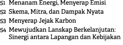 51 Menanam Energi, Menyerap Emisi 52 Skema, Mitra, dan Dampak Nyata 53 Menyerap Jejak Karbon 54 Mewujudkan Lanskap Be...