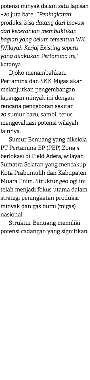 potensi minyak dalam satu lapisan ±20 juta barel. “Peningkatan produksi bisa datang dari inovasi dan keberanian membu...