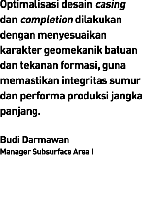 Optimalisasi desain casing dan completion dilakukan dengan menyesuaikan karakter geomekanik batuan dan tekanan formas...
