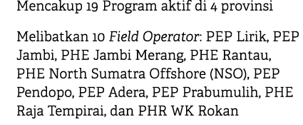 Mencakup 19 Program aktif di 4 provinsi Melibatkan 10 Field Operator: PEP Lirik, PEP Jambi, PHE Jambi Merang, PHE Ran...