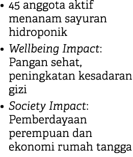 • 45 anggota aktif menanam sayuran hidroponik • Wellbeing Impact: Pangan sehat, peningkatan kesadaran gizi • Society ...