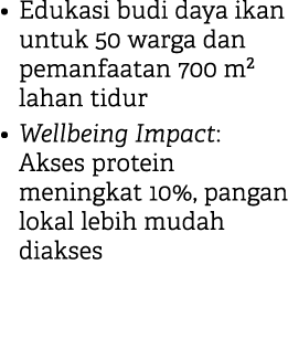 • Edukasi budi daya ikan untuk 50 warga dan pemanfaatan 700 m² lahan tidur • Wellbeing Impact: Akses protein meningka...