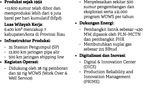 • Produksi sejak 1952 +12.600 sumur telah dibor dan memproduksi lebih dari 9 juta barel per hari kumulatif (bfpd) Lua...
