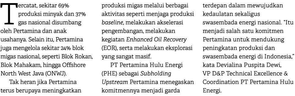 Tercatat, sekitar 69% produksi minyak dan 37% gas nasional disumbang oleh Pertamina dan anak usahanya. Selain itu, Pe...