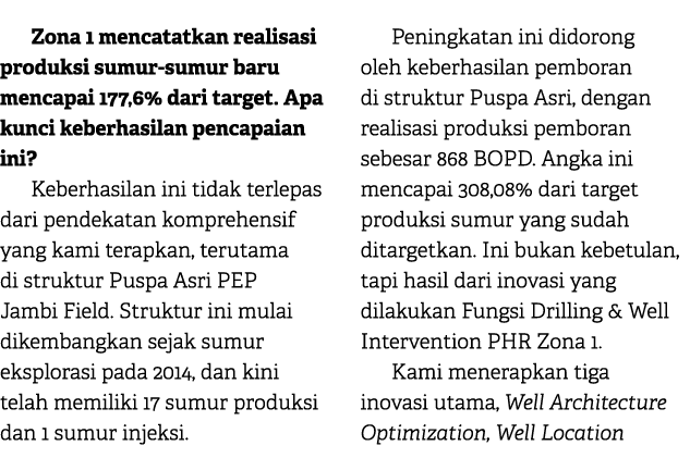 Zona 1 mencatatkan realisasi produksi sumur sumur baru mencapai 177,6% dari target. Apa kunci keberhasilan pencapaian...
