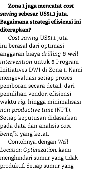 Zona 1 juga mencatat cost saving sebesar US$1,1 juta. Bagaimana strategi efisiensi ini diterapkan? Cost saving US$1,1...