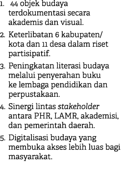 1. 44 objek budaya terdokumentasi secara akademis dan visual. 2. Keterlibatan 6 kabupaten/kota dan 11 desa dalam rise...
