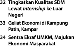 32 Tingkatkan Kualitas SDM Lewat Internship ke Luar Negeri 33 Geliat Ekonomi di Kampung Patin, Kampar 34 Sentra Ekraf...