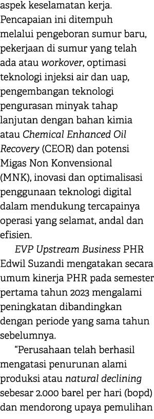 aspek keselamatan kerja. Pencapaian ini ditempuh melalui pengeboran sumur baru, pekerjaan di sumur yang telah ada ata...