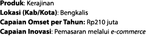 Produk: Kerajinan Lokasi (Kab/Kota): Bengkalis Capaian Omset per Tahun: Rp210 juta Capaian Inovasi: Pemasaran melalui...