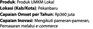 Produk: Produk UMKM Lokal Lokasi (Kab/Kota): Pekanbaru Capaian Omset per Tahun: Rp360 juta Capaian Inovasi: Mengikuti...