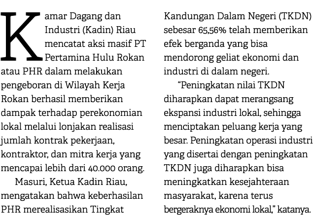 Kamar Dagang dan Industri (Kadin) Riau mencatat aksi masif PT Pertamina Hulu Rokan atau PHR dalam melakukan pengebora...