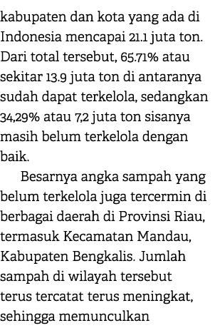 kabupaten dan kota yang ada di Indonesia mencapai 21.1 juta ton. Dari total tersebut, 65.71% atau sekitar 13.9 juta t...