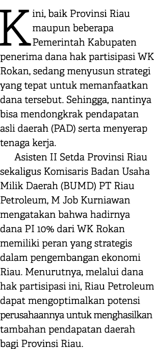 Kini, baik Provinsi Riau maupun beberapa Pemerintah Kabupaten penerima dana hak partisipasi WK Rokan, sedang menyusun...