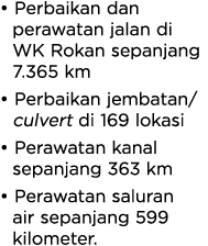 • Perbaikan dan perawatan jalan di WK Rokan sepanjang 7.365 km • Perbaikan jembatan/culvert di 169 lokasi • Perawatan...