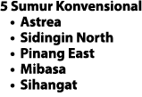 5 Sumur Konvensional • Astrea • Sidingin North • Pinang East • Mibasa • Sihangat 