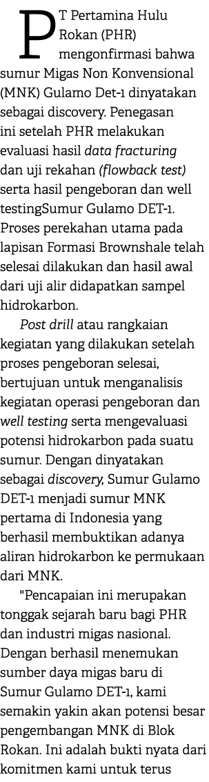 PT Pertamina Hulu Rokan (PHR) mengonfirmasi bahwa sumur Migas Non Konvensional (MNK) Gulamo Det 1 dinyatakan sebagai ...