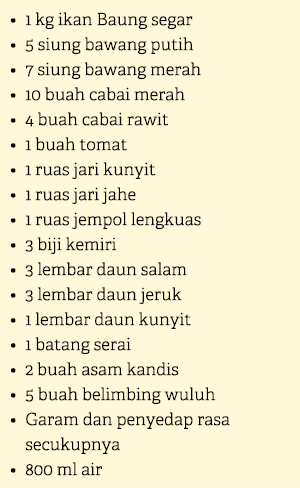 • 1 kg ikan Baung segar • 5 siung bawang putih • 7 siung bawang merah • 10 buah cabai merah • 4 buah cabai rawit • 1 ...